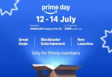 Amazon Prime Day Sale banner from 12 to 14 July featuring great deals, blockbuster entertainment, and new launches, exclusive for Prime members. Powered by Samsung Galaxy M36 5G and Intel Core. Offers 10% savings with ICICI Bank and SBI cards