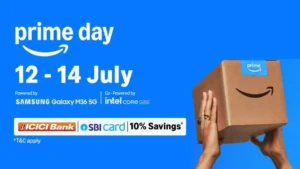 Amazon Prime Day Sale 2025 promotional banner highlighting the sale dates from July 12 to 14, powered by Samsung Galaxy M36 5G and Intel Core. Includes 10% savings offer with ICICI Bank and SBI card. A person is holding a Prime-branded delivery box