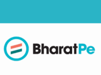 A teal square background features the BharatPe logo. On the left, a teal circle encloses a stylized, two-tiered horizontal "E" shape with the top bar in orange and the bottom bar in dark green. To the right of the circle, "BharatPe" is written in black, sans-serif font, with the "Pe" in "Pe" colored teal.