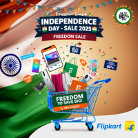A promotional banner for the Flipkart Independence Day Sale 2025 – Freedom Sale. The image features a shopping cart filled with products like a smartphone, laptop, camera, headphones, and gift boxes. The background shows the Indian flag, festive decorations, and confetti. Text highlights include “Freedom to Save Big!”, “Up to 80% Off”, and sale dates “1st–8th August.” The Flipkart logo appears in the bottom right corner.