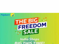 Flipkart promotional banner for "The Big Freedom Sale" featuring vibrant tricolor-themed text with the slogan “India Shops BIG THIS TIME!” on a green gradient background. The Flipkart logo is in the top left corner, and festive dots in orange, green, and white add a celebratory touch.