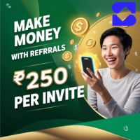 A cheerful person holding a smartphone with glowing effects, surrounded by floating rupee symbols and coins. The image text reads: “Make Money with Referrals – ₹250 Per Invite” on a green background with gold accents and a blue logo in the top right corner.