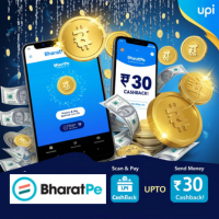 Promotional graphic for BharatPe cashback offer showing two smartphones with the BharatPe app interface, golden rupee coins, flying currency notes, and a bold ₹30 cashback message. Text on image highlights "Scan & Pay" and "Send Money" options with "UPTO ₹30 Cashback". BharatPe logo and UPI symbol are also visible.