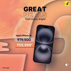 Promotional banner featuring a Flipkart deal on the Apple iPhone 16. The image shows the iPhone 16 with a black front display, priced originally at ₹79,900 and now available for ₹59,999. The background is in warm orange tones with the text "Great Deals from every angle!" and Flipkart’s logo in the top right corner. Small text at the bottom mentions "*T&C apply."